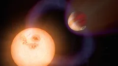 Illustration of a bright sun and a nearby planet in space with a dark background