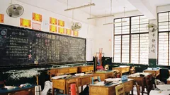 Empty vintage classroom with wooden desks and blackboard covered in chalk writing
