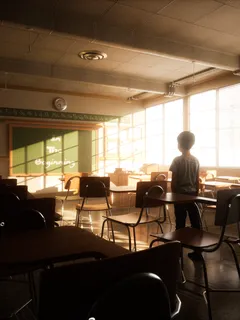 Person standing in a room with tables and chairs at the start